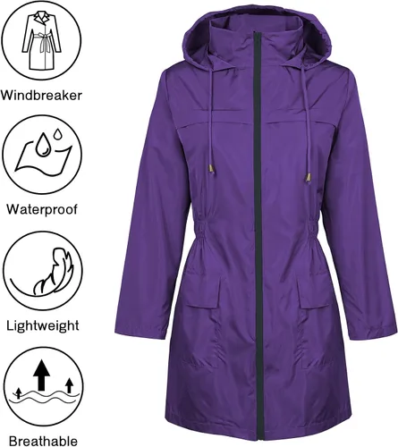 Vista 4 de Zando Chaquetas de lluvia para mujer, abrigos impermeables para mujer, chaqueta rompevientos con capucha para mujer