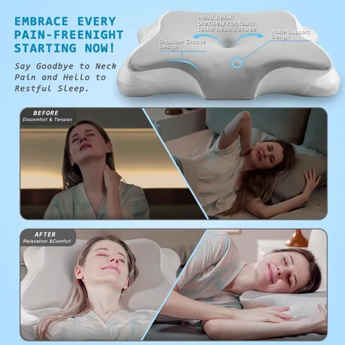 Vista 2 de Newpol Almohada de espuma viscoelástica cómoda para aliviar el dolor de cuello y apoyo cervical, material de enfriamiento, almohada ergonómica