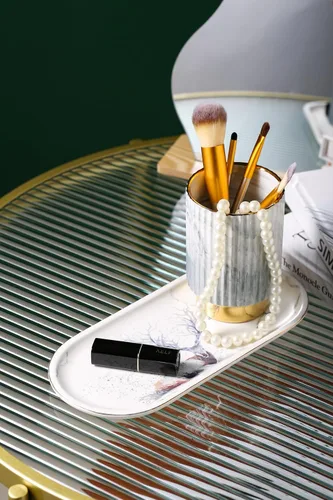 Vista 4 de IEEK Soporte para brochas de maquillaje, organizador de brochas de maquillaje y vasos de vidrio, organizador de cepillos de dientes para baño, Gris