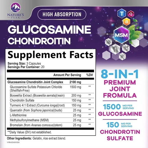 Vista 2 de Glucosamina condroitina, MSM y cúrcuma – Suplemento de apoyo articular extra fuerte con 1500 mg de sulfato de glucosamina por porción