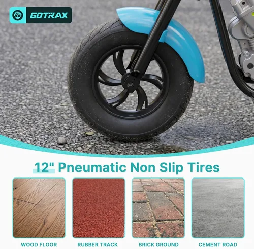 Vista 8 de Gotrax Retro Motorcycle for Kids 8+, 12" Tires,Max 9 Miles,6/10Mph 2 Speeds Blue