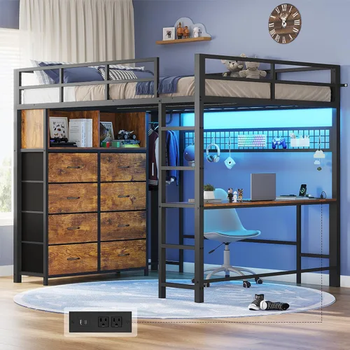 Vista 10 de ADORNEVE Cama tipo loft de tamaño matrimonial con escritorio y 8 cajones de Gris