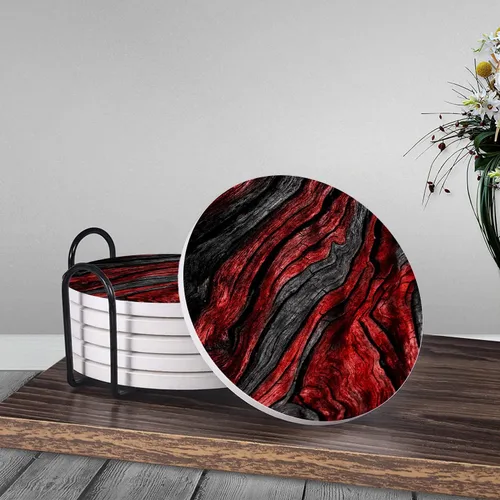 Vista 3 de HUXJOKO Juego de 6 posavasos de cerámica absorbente de grano de madera rojo y negro, tapete redondo de piedra, con base de corcho y soporte de metal