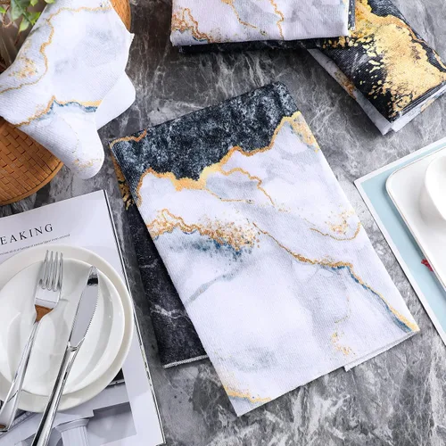 Vista 2 de Kinlop Juego de 4 toallas de cocina de mármol negro y dorado, toallas de mano con temática de mármol, accesorios de baño, paños de cocina, regalo