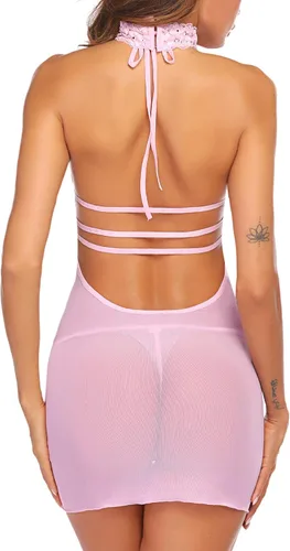 Vista 5 de Avidlove - Lencería para mujer - Camisónvestido de encaje (babydoll) con cuello halter, estilo Teddy