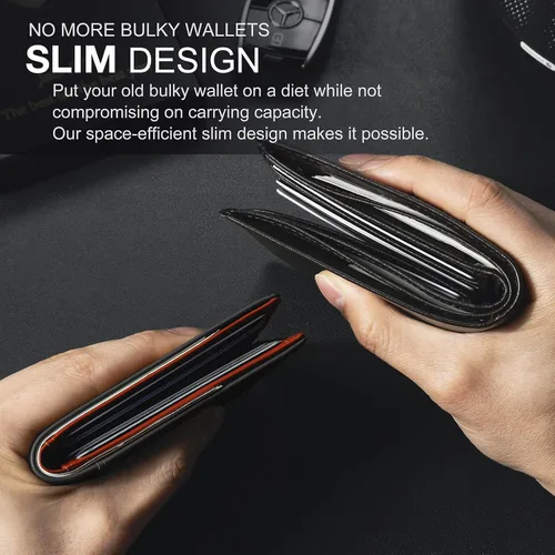 Vista 7 de GSOIAX Billetera delgada para hombre minimalista de cuero genuino fibra de carbono con bloqueo RFID de cuero vacuno plegable con caja de regalo