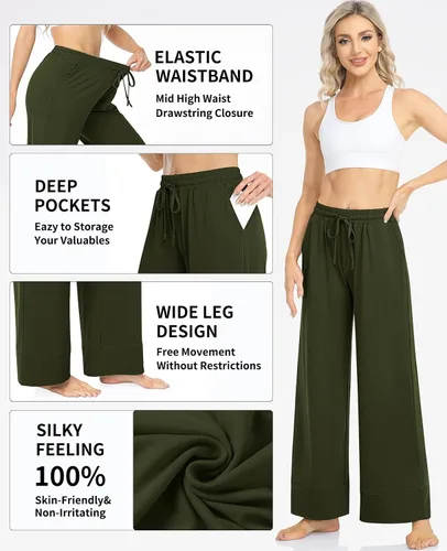 Vista 5 de TARSE Pantalones de yoga de pierna ancha para mujer, pantalones de pijama cómodos de cintura alta con bolsillos, pantalones casuales Palazzo Lounge
