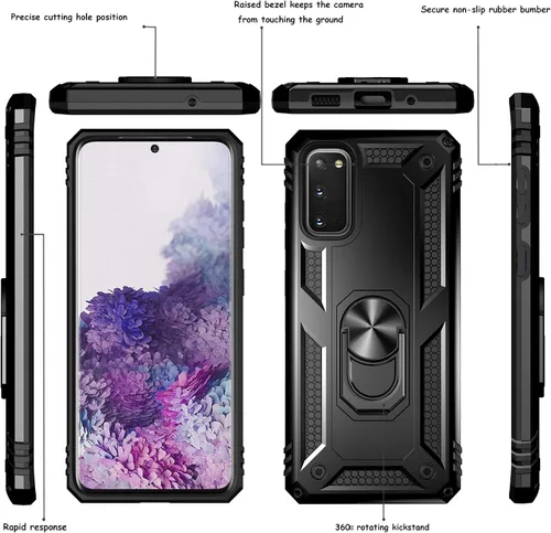 Vista 4 de Androgate Funda para Samsung Galaxy S20 FE con protectores de pantalla de cristal, soporte de anillo de metal de grado militar con soporte de Negro