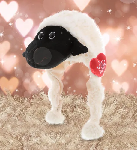 Vista 5 de DolliBu I LOVE YOU - Sombrero de peluche de oveja negra con nariz Lindo sombrero de peluche de oveja con corazón rojo y con nombre personalizado