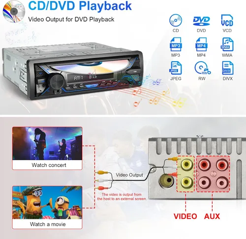 Vista 4 de Estéreo de coche Bluetooth de un solo dinar con reproductor de CD y DVD, radio DIN simple con reproducción de tarjetas Bluetooth AM/FM AUX/USB/SD
