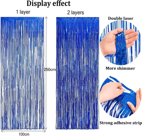 Vista 5 de Cortina de Flecos de Papel Aluminio para Decoración de Fiesta - Telón de Fondo Negro Azul Metálico de Oropel para Fotomatón, Cortinas de Serpentinas