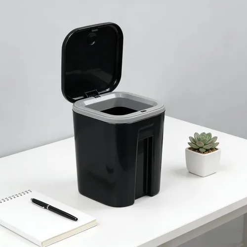 Vista 5 de Zopnny Mini cubo de basura de mesa de 0.5 galones/1.9L con tapa desplegable, papelera de escritorio para encimera de baño, tocador, café u oficina