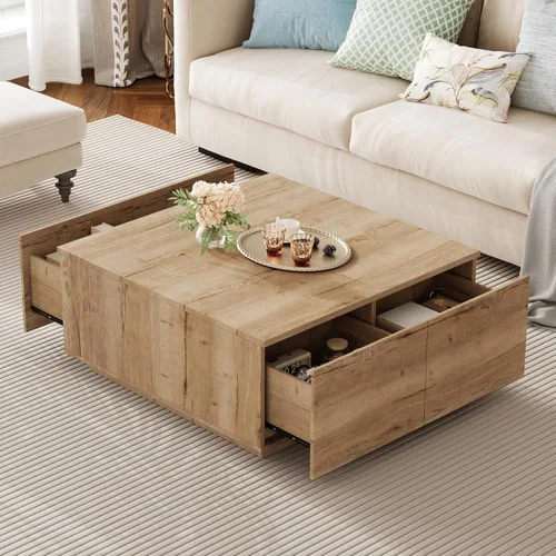 Vista 9 de SSLine Mesa de centro cuadrada con 4 cajones de almacenamiento, mesa de centro de madera negra de 33.2 pulgadas para sala de estar, mesas centrales