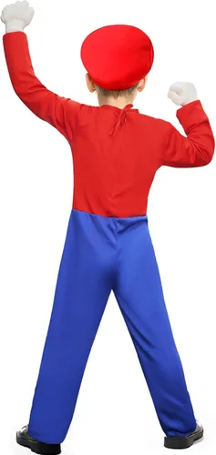 Vista 2 de BOMLY Disfraz de Super Mario para niños, disfraz de fontanero de Halloween con accesorio