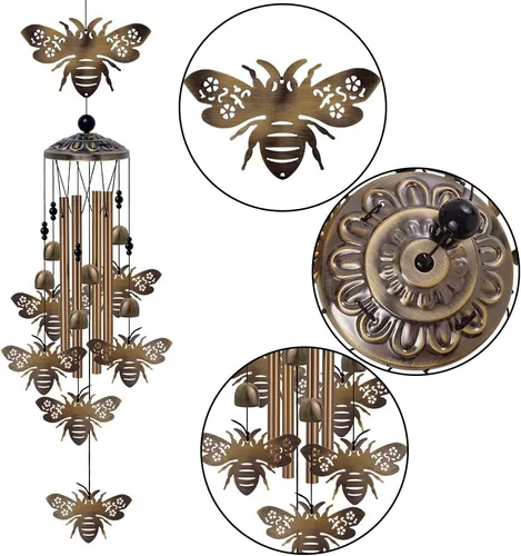 Vista 2 de Campanillas de viento de abejas para exteriores, regalos para mamá - Campanas conmemorativas de bronce, atrapavientos de simpatía móvil, decoración