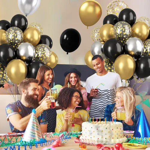 Vista 8 de Paready - Globos negros y dorados, 60 globos de 12 pulgadas de confeti dorado, globos de látex para fiestas con cintas para cumpleaños, graduación