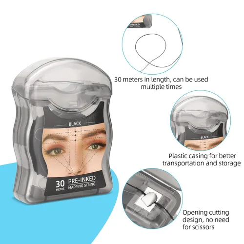 Vista 3 de ATOMUS Cadena de mapeo de cejas 2pcs pre-entintado 30m (98ft) Microblading String para marca de cejas Cuerda de medición negra para maquillaje