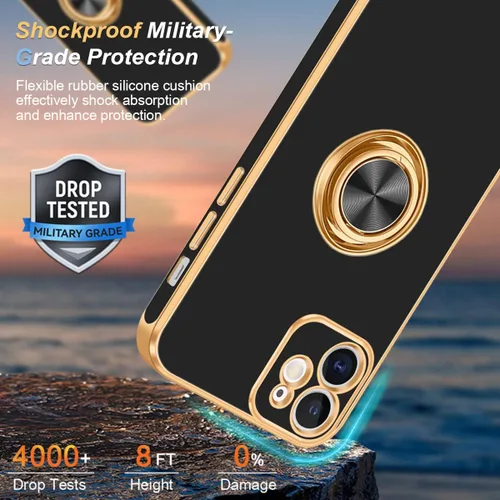Vista 5 de Fingic Funda para iPhone 12 con Soporte de Anillo, [Soporte de Anillo Giratorio de 360° Magnético con Base] [Borde Dorado Brillante con Enchapado]