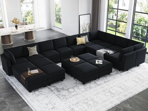 Vista 14 de Belffin Sofá modular grande con asiento de almacenamiento, sofá en forma de U de gran tamaño con diván reversible con sofá modular con terciopelo