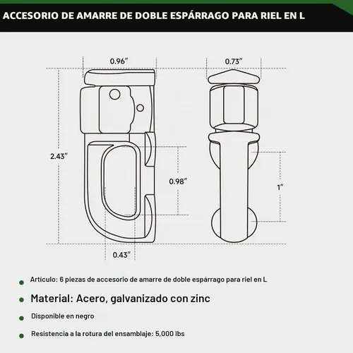 Vista 2 de Ajuste de doble perno en L para riel en L Usado con riel en L para cama de camión, control de carga de remolque, camioneta, RV, ATV, con capacidad