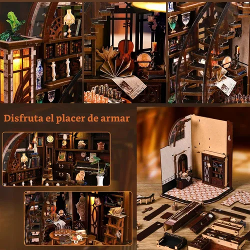 Vista 4 de Kit de casa en miniatura, rompecabezas de madera 3D para adultos, kit de rincón de libro con luz LED táctil, inserto de estantería de biblioteca