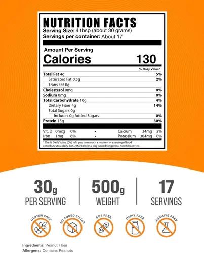 Vista 2 de BulkSupplements. com Polvo de proteína de maní, harina de proteína de maní, sin gluten, 1.06 oz por porción, 17.64 oz (1.1 libras) (paquete de 1)