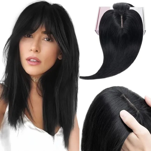 Vista 14 de Elailite Pelucas para mujeres con flequillo, cabello humano real, topper con cabello delgado, 13 cm x 7 cm, base de seda, clip en piezas de cabello