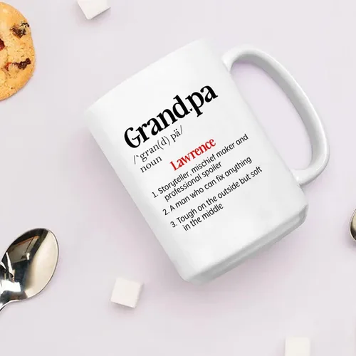 Vista 4 de Taza de café blanca personalizada de 11 onzas, 15 onzas, taza de definición de abuelo, taza de viaje única para abuelo, regalos para cumpleaños