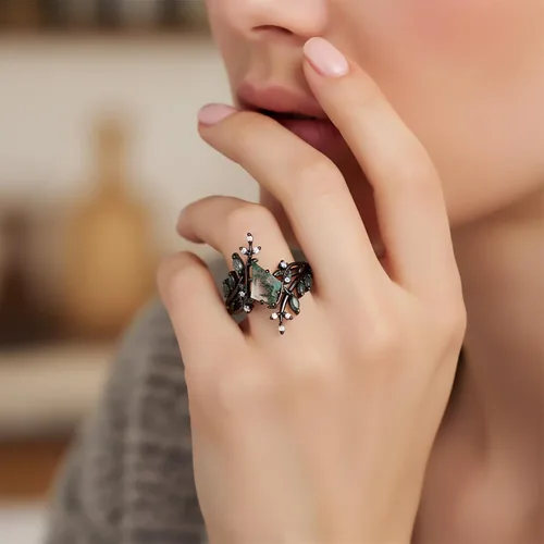 Vista 2 de Black Glod - Juego de anillos de compromiso de ágata musgo natural para mujer, anillo de compromiso de aniversario, plata de ley 925 o anillo