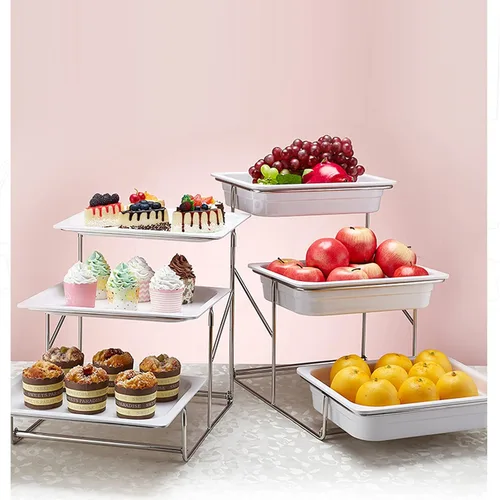 Vista 5 de Mlaea Bandeja blanca para alimentos con estante desmontable de acero inoxidable, soporte de frutas de gran capacidad para banquetes y bufé