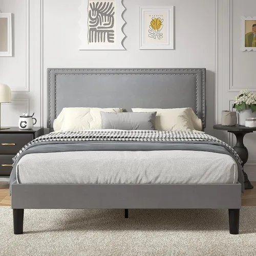Vista 138 de VECELO Base de cama de plataforma de tamaño individual con cabecera tapizada de altura ajustable, base de colchón moderna, soporte de listones