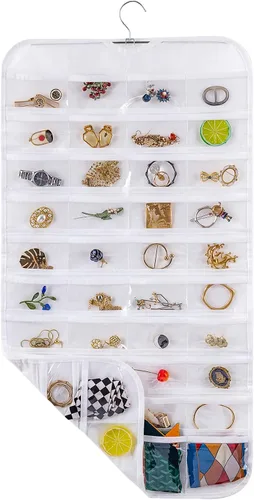 Vista 21 de Bloss Organizador colgante de joyas con 80 bolsillos, colgador de joyas de doble cara para almacenamiento de joyas y aretes, organizadores de joyas