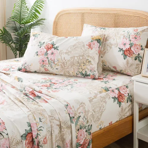 Vista 10 de Zusbest Juego de sábanas florales de 100 % algodón percal, color naranja y amarillo, juego de sábanas suaves y transpirables con diseño botánico