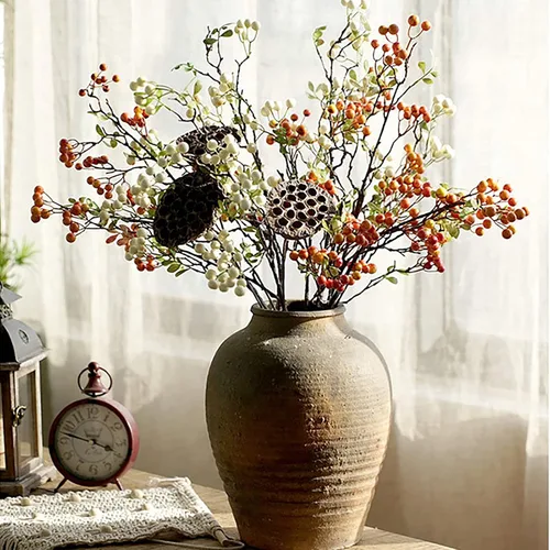 Vista 8 de Paquete de 3 tallos artificiales de bayas rojas, ramo de flores artificiales de 27.5 pulgadas para centro de mesa, jarrón, hogar, boda, Navidad