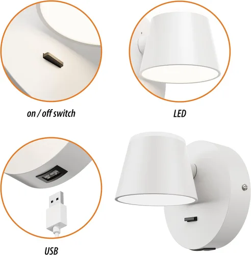 Vista 3 de URSOLA Aplique de pared LED con interruptor de encendido/apagado, puerto de carga USB, lámpara de pared cableada de 110 voltios, apliques giratorios