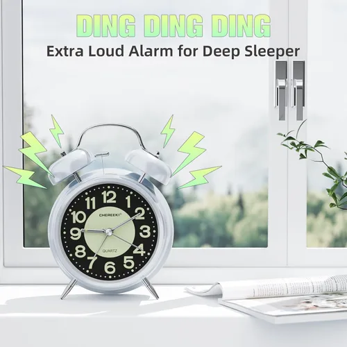 Vista 2 de CHEREEKI - Reloj despertador potente para personas que duermen profundamente, reloj analógico silencioso sin marcas con luz de fondo, esfera