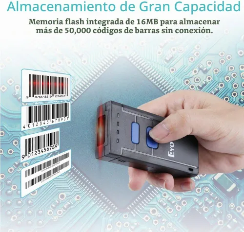 Vista 3 de Eyoyo Mini escáner de código de barras inalámbrico 1D Bluetooth, Bluetooth 3 en 1 y conexión inalámbrica y cableada 2.4G, lector de código de barras