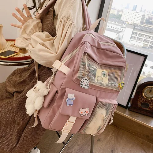 Vista 2 de Linda mochila con lindos accesorios de alfiler colgante de felpa para mochila escolar mochila estudiante niña, Rosado, Mochilas de mochila