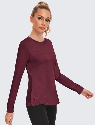 Vista 4 de Pinspark Camisetas de entrenamiento de manga larga para mujer, cuello redondo, camisetas de yoga, ligeras, atléticas, gimnasio, correr