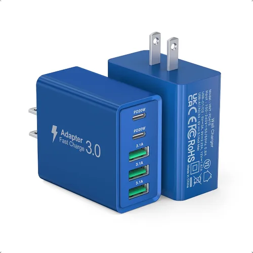 Vista 11 de [Paquete de 2] Cargador de pared USB C, bloque de cargador USB C de 60 W, bloques de carga rápida PD de 5 puertos, enchufe multipuerto 2USB C + 3USB
