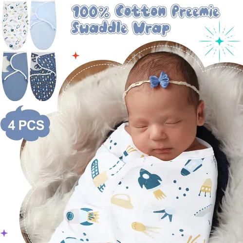 Vista 3 de Newwiee 4 piezas de envoltura para envolver al bebé prematuro ajustable, manta de algodón para envolver al bebé prematuro para recién nacidos, niños