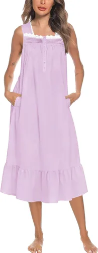 Vista 24 de YOZLY Camisones de algodón para mujer con bordado, sin mangas, con bolsillos S-XXXL