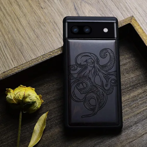 Vista 8 de Carveit Funda de madera para Pixel 6a [madera natural y TPU suave negro] a prueba de golpes, diseño único de madera compatible con Google Pixel 6a