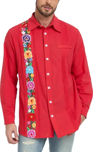 Vista 8 de YZXDORWJ Camisas mexicanas para hombre, camisa de guayabera cubana, casual, manga larga, bordada, de lino, para verano, playa