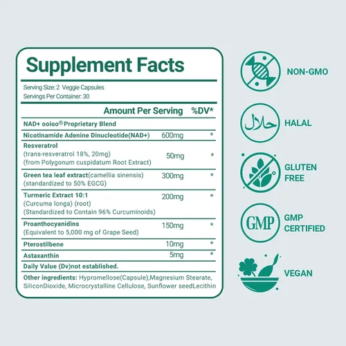 Vista 2 de ooioo Suplemento liposomal NAD+ - Suplemento de resveratrol NAD+ para mujeres y hombres - Apoyo energético y bienestar general - Sin OMG, cápsulas