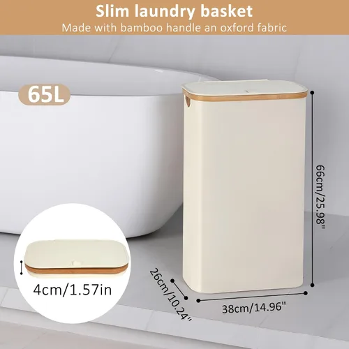 Vista 2 de iEGrow - Cesta de lavandería delgada de 65L, cesta de lavandería estrecha con tapa, cesta de ropa plegable con asas de bambú, cesta de lavandería