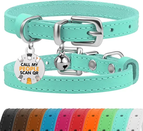 Vista 17 de BRONZEDOG Collar de cuero para gato con campanas extraíbles sin liberación rápida, etiqueta QR para gatito para niña y niño