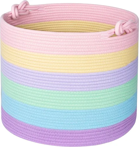 Vista 10 de Cesta de almacenamiento de cuerda de algodón tejida de 15 pulgadas para lavandería, juguetes para perros y manta, color marrón Marrón claro