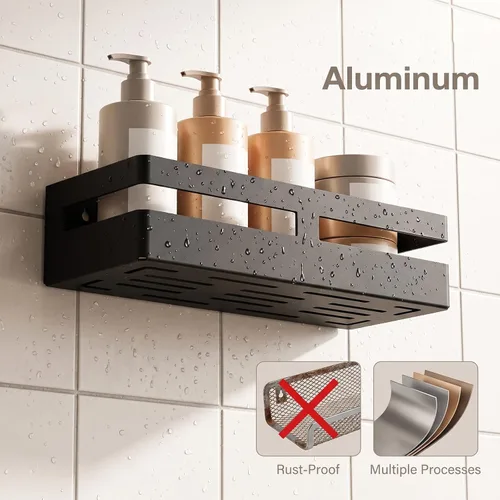 Vista 3 de Paquete de 2 estantes adhesivos para baño, baske de metal negro