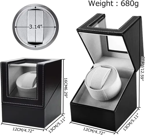 Vista 5 de Bobinadora automática de un solo reloj con motor japonés silencioso, en carcasa de madera y cuero negro, adaptador de CA o funciona